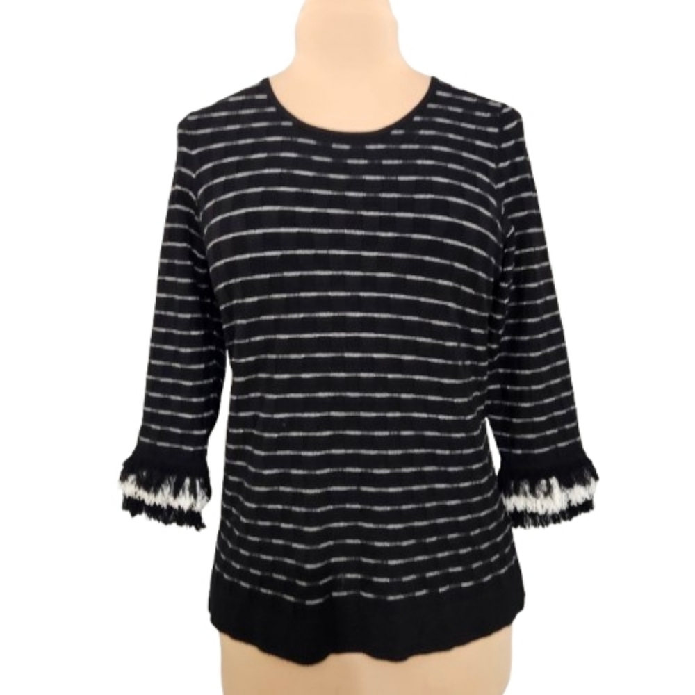 J’envie Black Stripe Knit Top Fringe Cuffs Medium Chic Casual Textured Office‎